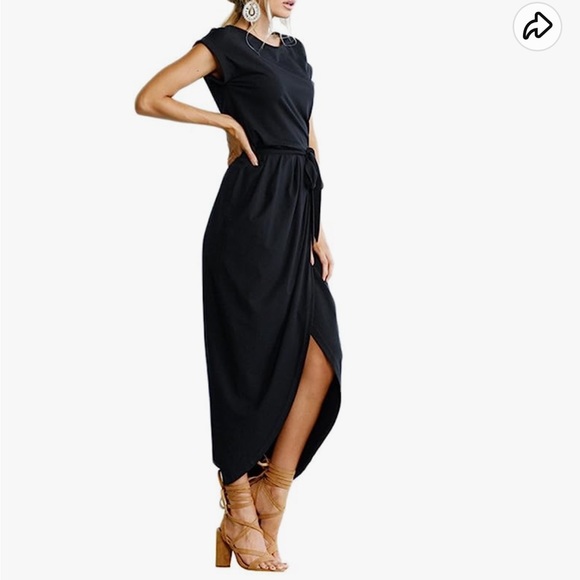 Black Short Sleeve High Low Maxi Dress with Belt - Large - Picture 4 of 11